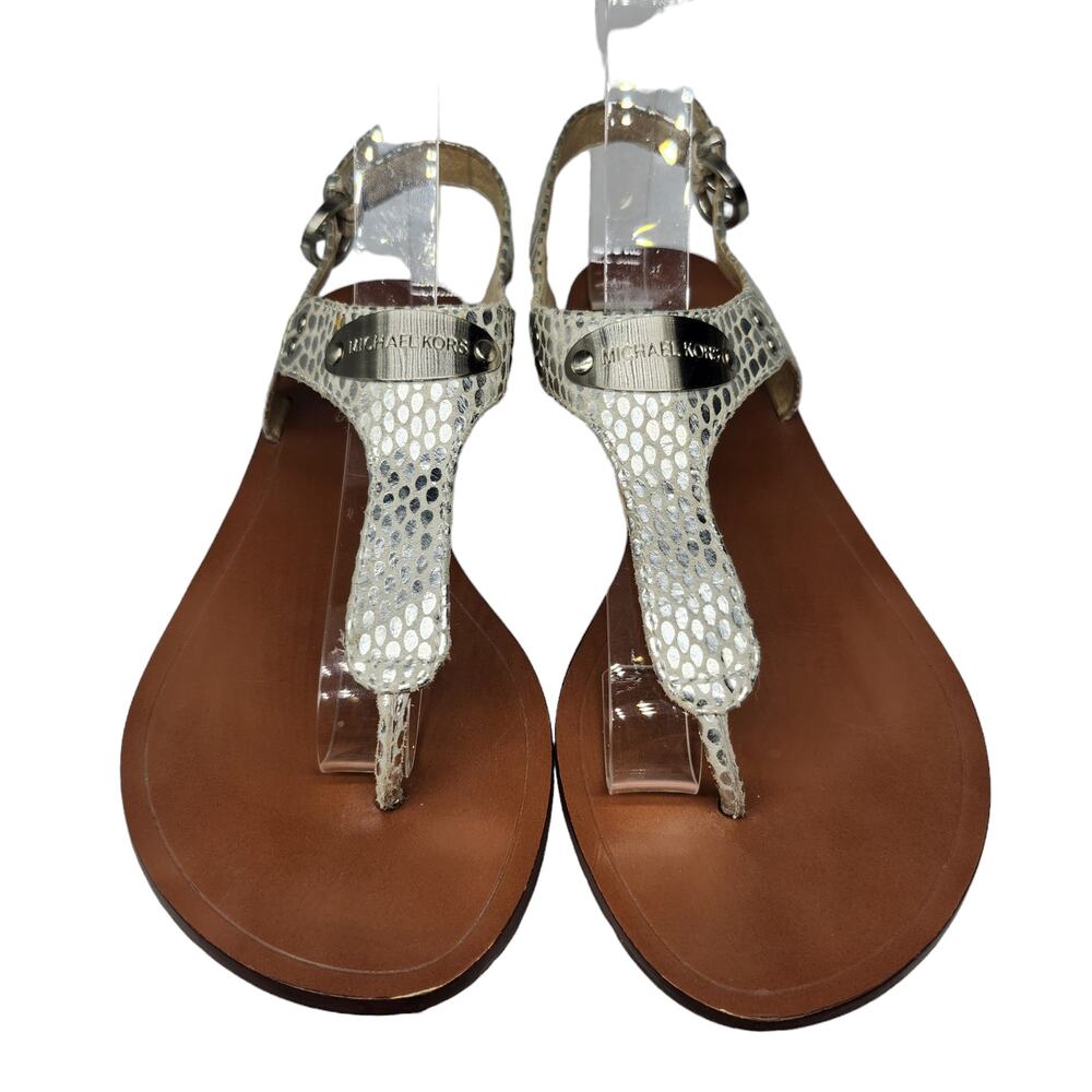 Michael Kors Shoes Womens 6 Silver Metallic Shiny Sandals Thong Ankle Strap - Picture 4 of 12